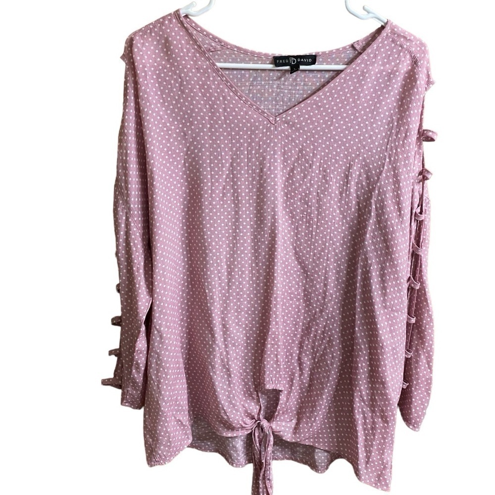 Fred David Pink White Polka Dot Print With Open Sleeve Detail Shirt Sz L